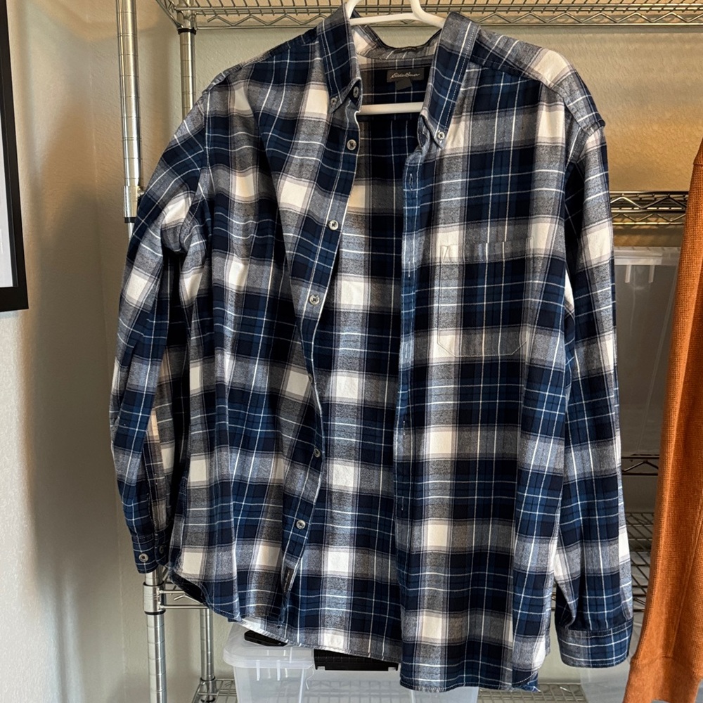 Eddie Bauer Blue and White Plaid Men's Shirt